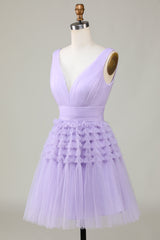 Lilac Tulle V-neck Short Prom Dress