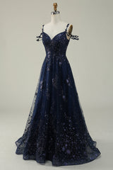 Navy A Line Cold Shoulder Beaded Prom Dress