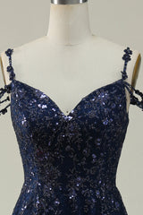 Navy A Line Cold Shoulder Beaded Prom Dress