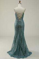 Mermaid Spaghetti Straps Green Split Prom Dress